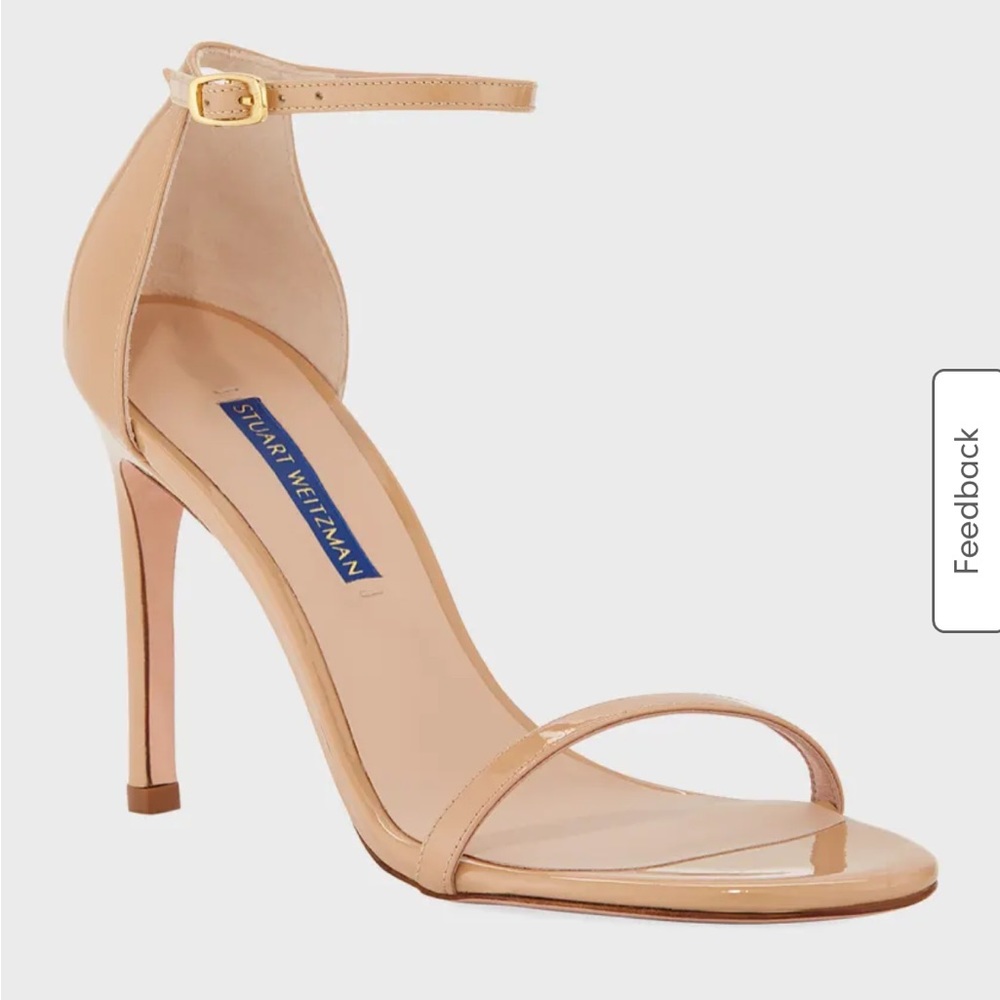 STUART WEITZMAN Nudistsong Nude Patent Leather Ankle Strap Heels